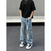 Threebooy Y2K Fashion Multi Pockets Washed Blue Baggy Jeans Cargo Pants For Men Vintage Clothes Straight New Denim Trousers